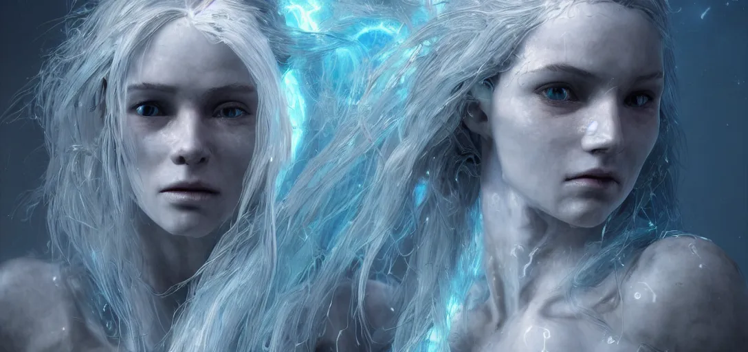 Image similar to hyperrealistic cinematic, cyborg with brilliant silver flowing hair, detailed skull cave, blue lightning in the sky, stunning 3 d render inspired by istvan sandorfi & greg rutkowski, perfect symmetry, dim volumetric cinematic lighting, 8 k octane comprehensive render, extremely mega hyper - detailed and lifelike attributes & atmosphere, intricate, realistic flesh texture, masterpiece, artstation, stunning