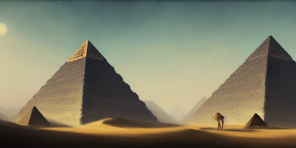 Image similar to pyramids, extremely detailed minimalist painting, in the style of fenghua zhong and ruan jia and jeremy lipking and peter mohrbacher, mystical colors, rim light, beautiful lighting, 8 k, stunning scene, raytracing, octane, trending on artstation