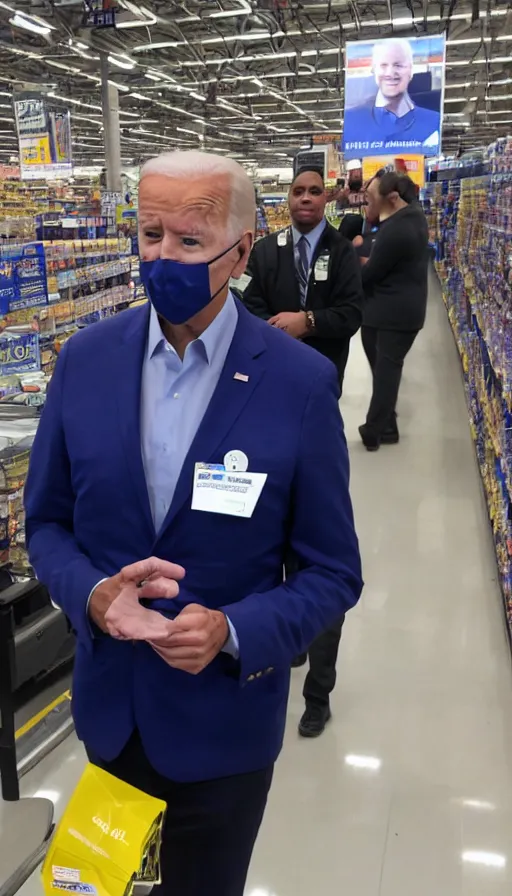 Image similar to joe biden walmart employee, detailed facial expression, cinema still