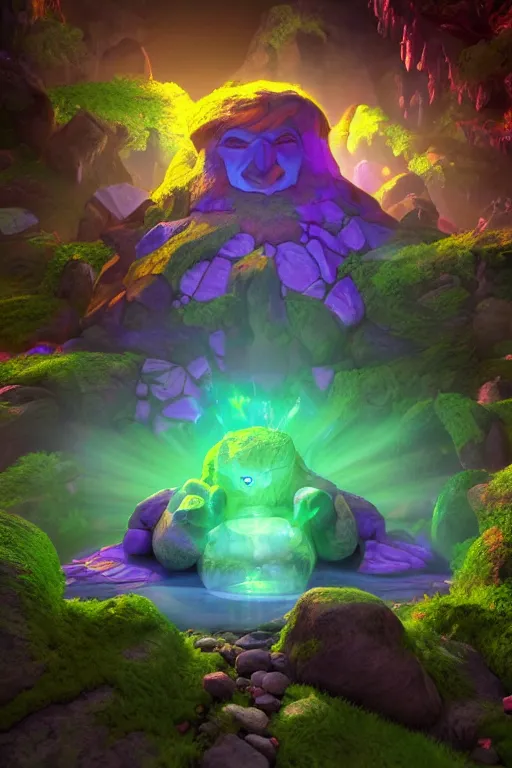 Image similar to arcane fantasy art giant golem elemental wood rock bastion forged gemstone enchanted forest troll, global illumination ray tracing hdr fanart arstation by sung choi and eric pfeiffer and gabriel garza and casper konefal lisa frank zbrush central hardmesh radiating a glowing aura