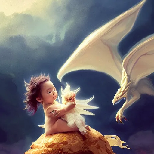 Prompt: a whimsical portrait of a little baby angel riding on a cute dragon pet by Greg Rutkowski, Sung Choi, Mitchell Mohrhauser, Maciej Kuciara, Johnson Ting, Maxim Verehin, Peter Konig, final fantasy, Marco lense, photorealistic 8k, cinematic lighting, HD, high detail, atmospheric, trending on artstation