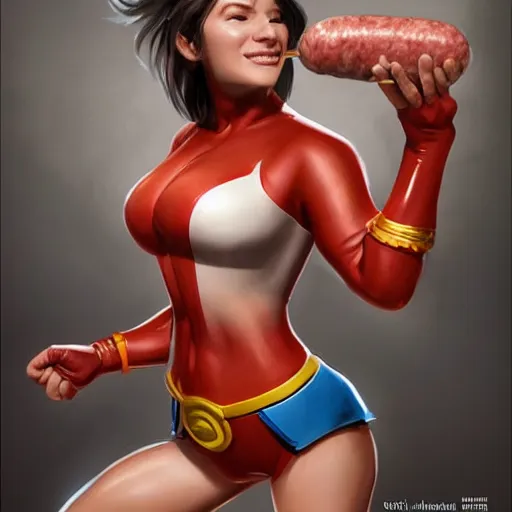 Image similar to female superhero with sausage!!! fingers digital art realistic raytracing light rays concept art by james paick