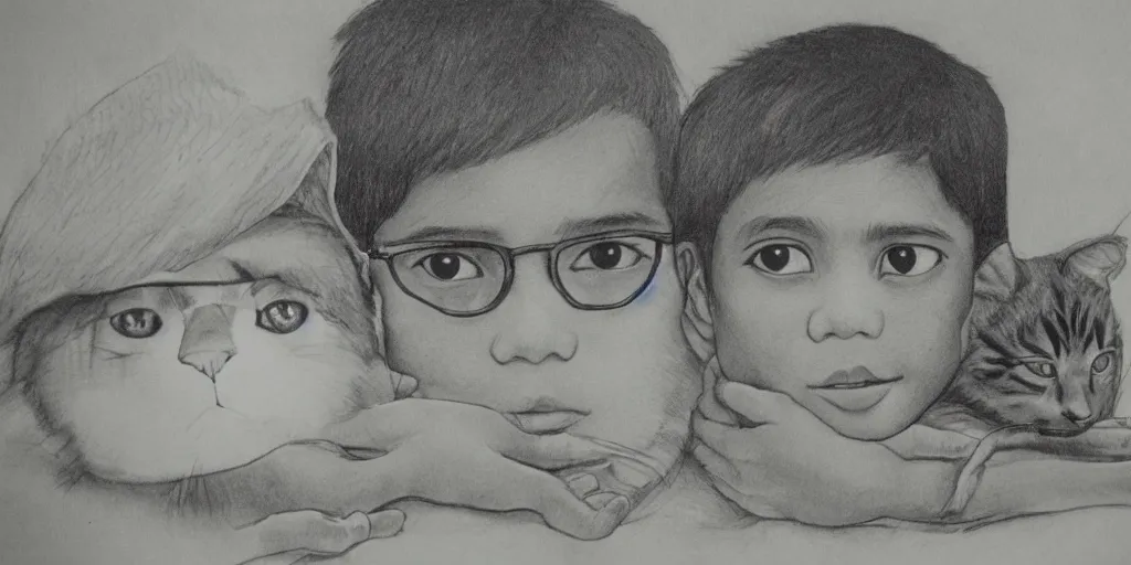 Image similar to sri lankan kid with cat, looking at camera, closeup, drawn by hayao miyazaki