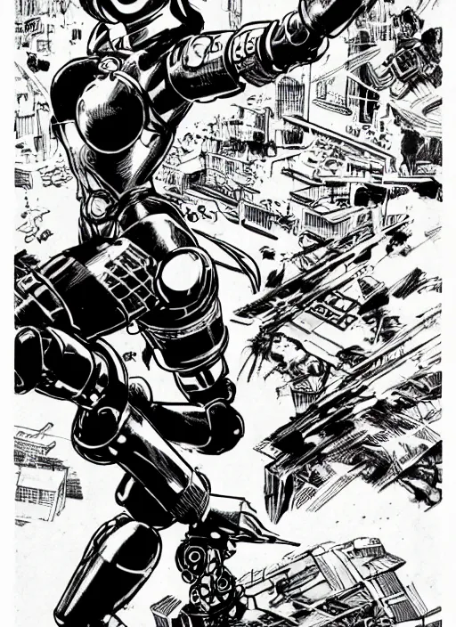 Image similar to dynamic comic panel of a beautiful riot grrl female superhero in short shorts fighting a chrome robot by cory walker and ryan ottley and jack kirby and barry windsor - smith and norman rockwel and frank frazetta, concept art, smooth, sharp focus, comic, illustration, photo real