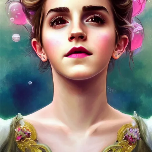 Image similar to dream portrait of Emma Watson, dreamy and ethereal, expressive pose, big pink eyes, exciting expression, fantasy, intricate, elegant, many rainbow bubbles, rose tones, highly detailed, digital painting, artstation, concept art,cyberpunk wearing, smooth, sharp focus, illustration, art by artgerm and greg rutkowskiand alphonse mucha,Salvador Dali.