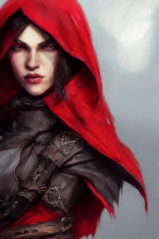 Image similar to thief red riding hood, d & d, fantasy, portrait, highly detailed, headshot, digital painting, trending on artstation, concept art, sharp focus, illustration, art by artgerm and greg rutkowski and magali villeneuve