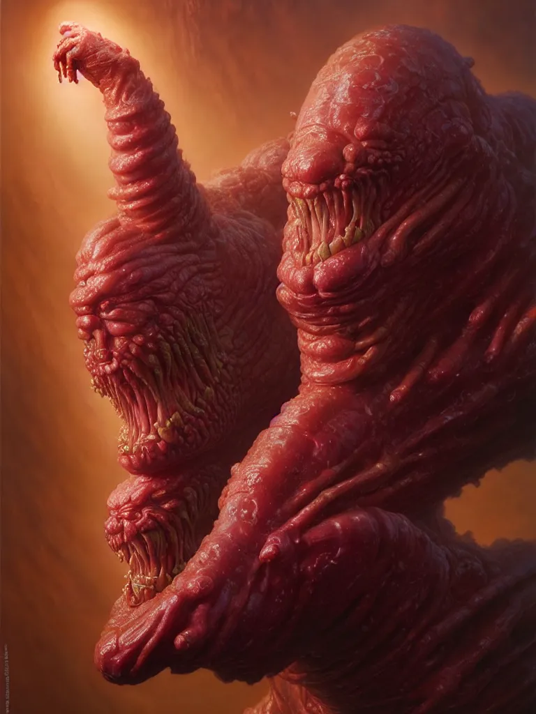 Image similar to hyperrealistic rendering, fat smooth cronenberg flesh monster final fantasy behemoth by donato giancola and greg rutkowski and wayne barlow and zdzisław beksinski, eyeballs, product photography, action figure, sofubi, studio lighting, colored gels, colored background