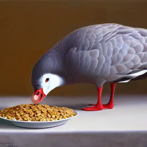 Prompt: a goose eating cereal oil on canvas, intricate, portrait, 8k highly professionally detailed, HDR, CGsociety