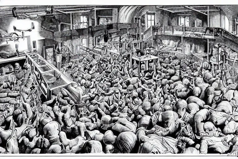 Image similar to a strange battle in an old hospital between old people and babies Robert Crumb Basil Wolverton pen and ink highly detailed perfect composition beautiful strange masterpiece