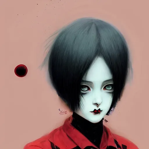 Prompt: beautiful! beautiful! coherent and aesthetically pleasing! portrait of an anime goth clowngirl with lovely red eyes and black lips, painted by ilya kuvshinov!!! and zdzislaw beksinski