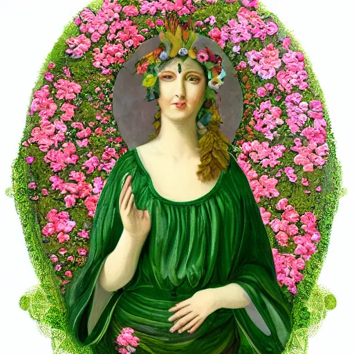 Prompt: portrait of the goddess of nature dressed in a green dress surrounded by flowers and nature