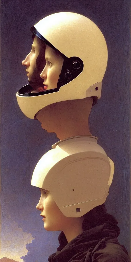 Image similar to portrait of an ancient human species in astronaut helmets, a portrait of no more than one person, by bouguereau