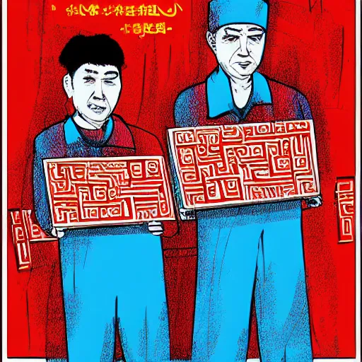 Image similar to uyghurs Uighurs in a prison behind bars, organ harvesting, in the style of daniel johnston and outsider art, 8k, line brush, overlaid with chinese adverts