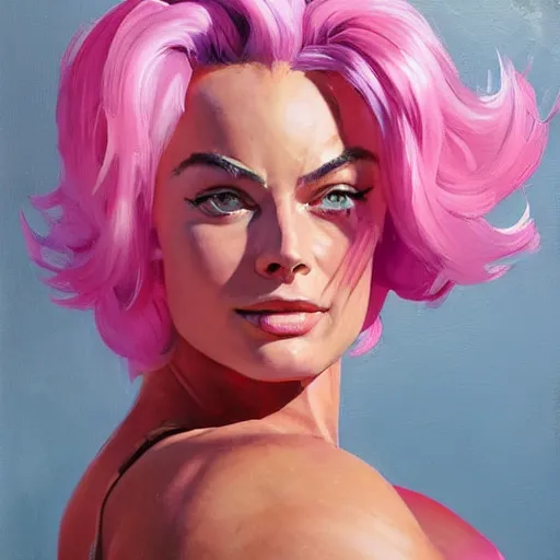 Image similar to greg manchess portrait of margot robbie as very happy thick veiny muscular female bodybuilder zarya from overwatch with pink hair in disco elysium, fantasy, medium shot, asymmetrical, profile picture, organic painting, matte painting, bold shapes, hard edges, street art, trending on artstation, by huang guangjian and gil elvgren and sachin teng