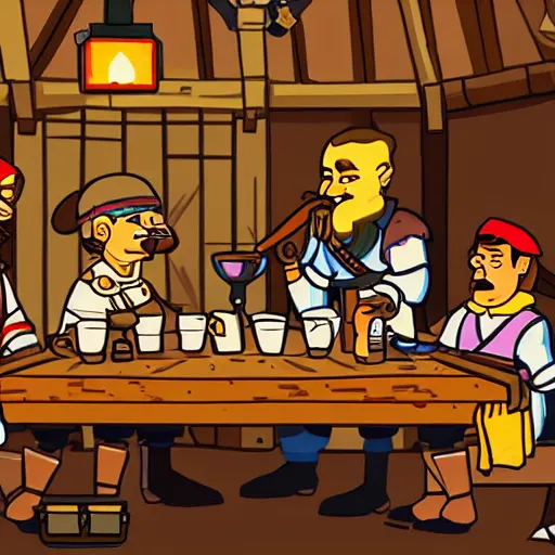 Image similar to important pirates drinking grog in a tavern table pixel