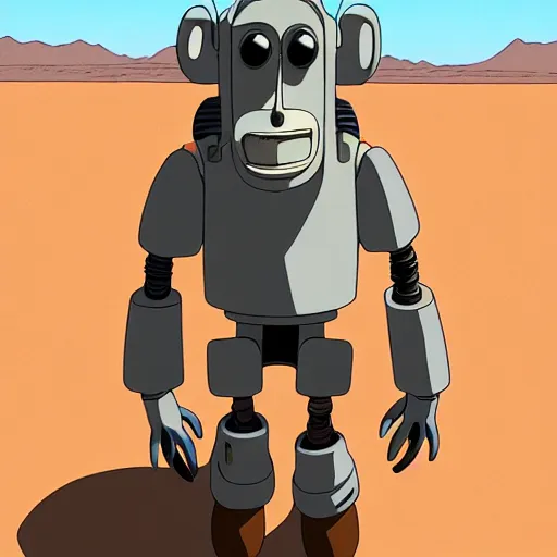 Image similar to a study of cell shaded cartoon of a grey robot baboon from howl's moving castle ( 2 0 0 4 ) on a desert road, full body, wide shot, very muted colors, post grunge, studio ghibli, laurie greasley, highly detailed, deviantart, art by artgem