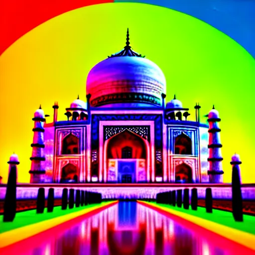 Prompt: taj mahal in gay pride colours, octane render, cgi, highly detailed, hyperrealistic, digital art, trending on artstation, depth of field, vibrant colours