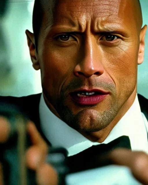 Image similar to Film still close-up shot of Dwayne Johnson as James Bond from the movie Goldeneye. Photographic, photography