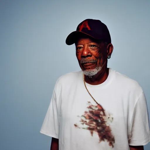 Image similar to a studio photograph of Morgan Freeman dressed as Travis Scott, 40mm lens, shallow depth of field, split lighting