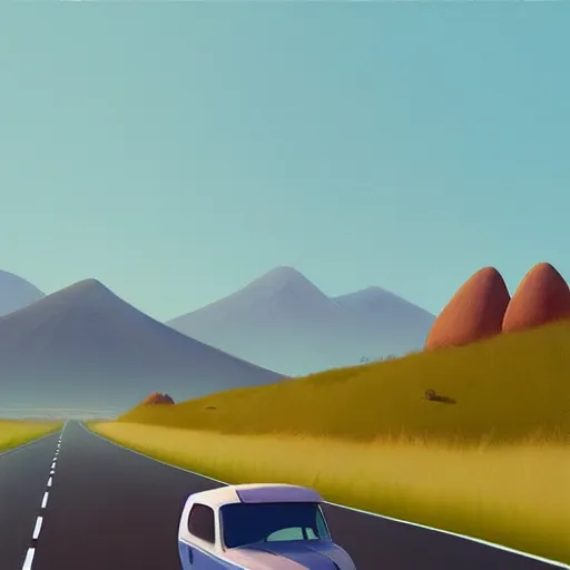 Prompt: goro fujita ilustration car on the highway, in the distance you can see the mountains, painting by goro fujita, sharp focus, highly detailed, artstation