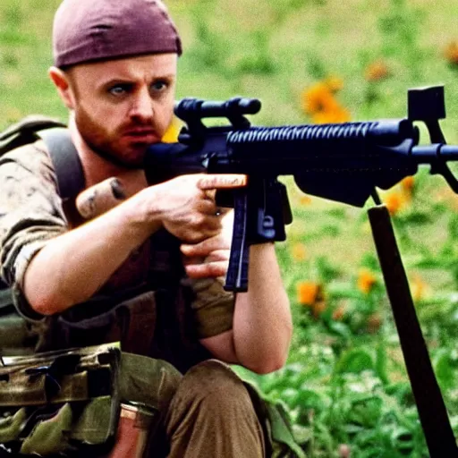 Image similar to jesse pinkman from breaking bad holding an m 1 6 rifle in the vietnam war, 4 k, hyper realistic