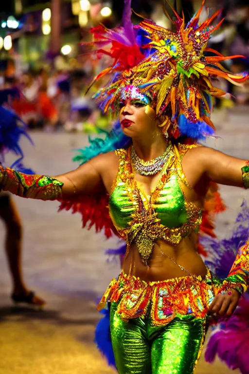 Prompt: a woman dancing in the carnaval in rio de janeiro. dramatic lighting. full body. detailed. pretty artistic. sharp focus