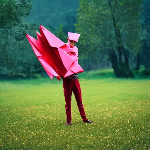 Image similar to a man made of origami dancing on a meadow, cinematic light