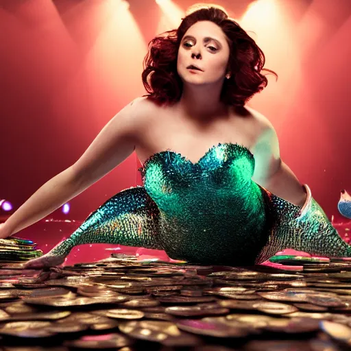 Prompt: rachel bloom as a beautiful mermaid pop star in a club surrounded by piles of money, ultra detailed, 8 k resolution, ultrarealistic