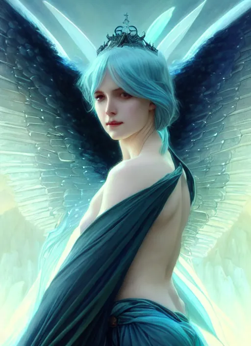 Image similar to a beautiful cinematic female archangel queen, fantasy sea landscape, fantasy magic, short aqua blue black fade hair, dark light night, intricate, elegant, sharp focus, illustration, highly detailed, digital painting, concept art, matte, art by WLOP and Artgerm and Greg Rutkowski and Alphonse Mucha, masterpiece