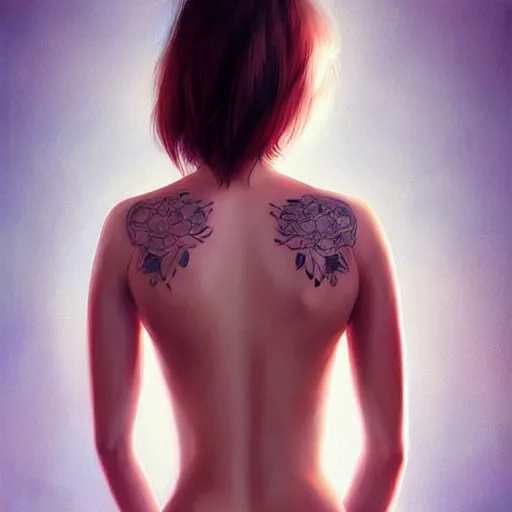 Image similar to Beautiful clothed woman holding a peach, seen from the back, intricate tatoos, digital art by WLOP and Artgerm