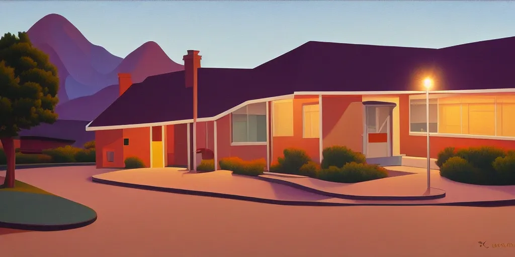 Prompt: motel, summer evening, kenton nelson