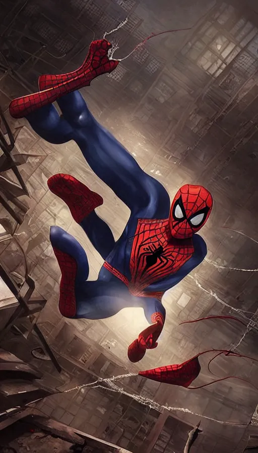 Image similar to beautiful illustration of spiderman fighting venom in a abandoned warehouse by guweiz and artgerm, cinematic lighting, epic composition, rule of thirds, golden ratio
