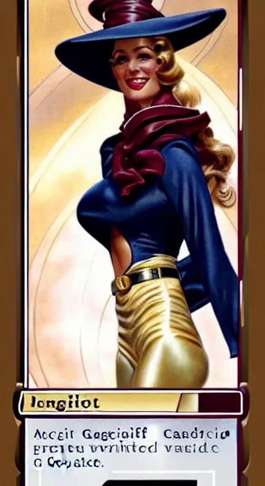 Image similar to a beautiful lady on a magic the gathering card by magali villeneuve and gil elvgren, crisp details, hyperrealism, smiling, happy, feminine facial features, stylish navy blue heels, gold chain belt, cream colored blouse, maroon hat, windblown, holding a leather purse, mtg card, mtg