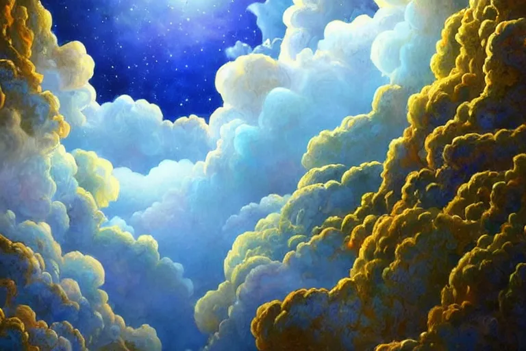 Prompt: a huge flock of many smooth puffy marvelous clouds. whirling ultra detailed gemstone crystals, art nouveau jungle environment, playful, award winning art, epic dreamlike fantasy landscape, ultra realistic,