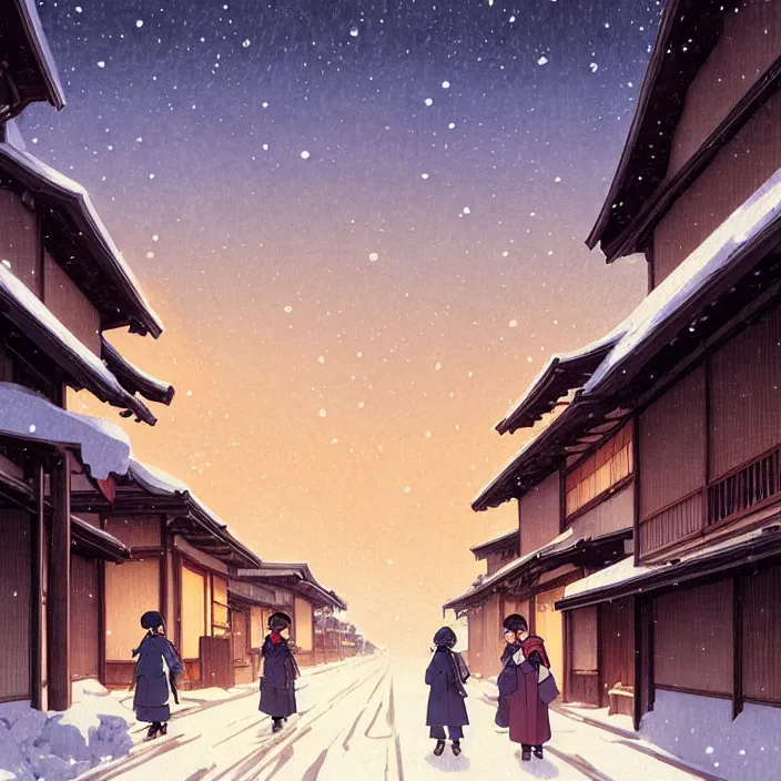 Image similar to empty rural japanese town at night, winter, in the style of studio ghibli, j. c. leyendecker, greg rutkowski, artem