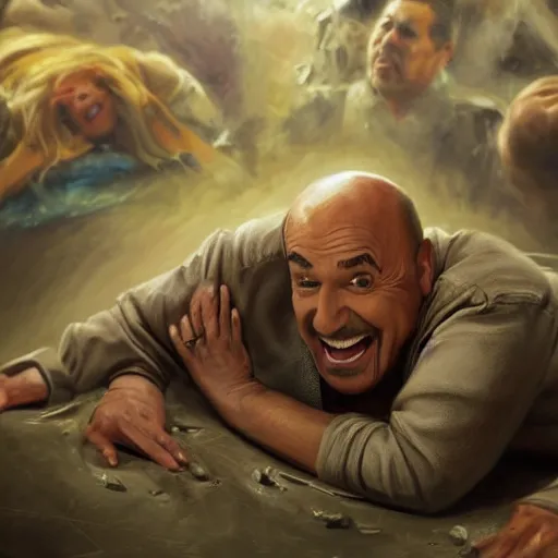 Image similar to highly detailed oil painting, concept art, dr phil laughing and dancing on a pile of dead bodies, concept art, highly detailed