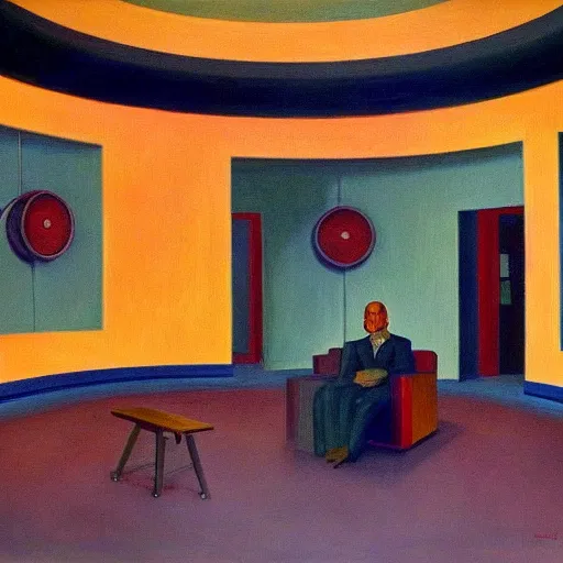 Image similar to mind control facility interior, dystopian, pj crook, edward hopper, oil on canvas