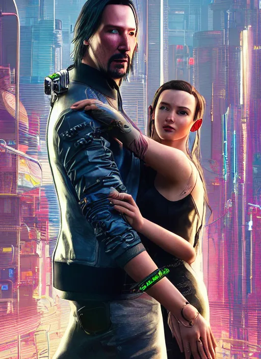 Image similar to a highly detailed photorealistic cyberpunk 2077 couple portrait of Keanu Reeves and female android,lots of electric cable behind,connected to giant computer,couple pose,love,fantasy, intricate, elegant,by Alex Horley and Greg Rutkowski,artstation,deviantart,FAN ART,Unreal Engine,Digital painting,face enhance,8K,golden ratio,cinematic lighting