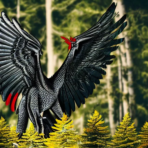 Prompt: black eagle with red eyes fighting a white dragon over a spruce tree forest