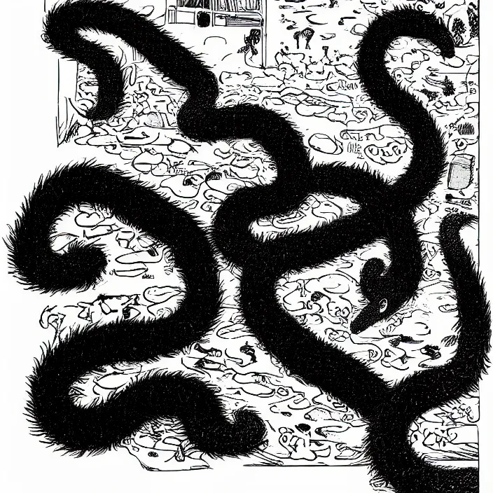 Image similar to a still frame from comic strip, black fluffy hairy snake 1 9 5 0, herluf bidstrup, new yorker illustration, monochrome contrast bw, lineart, manga, tadanori yokoo, simplified,