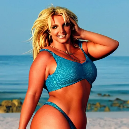 Prompt: obese britney spears beach model photoshoot