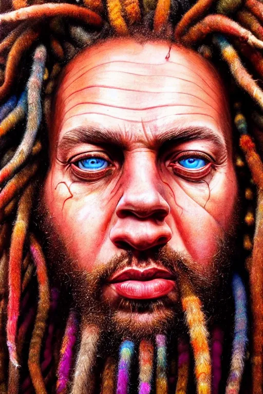 Image similar to hyperrealistic close - up portrait of psychedelic colorful acid neuro - shaman dreadlocks hippy highly detailed concept art eric zener elson peter cinematic hard lighting high angle hd 8 k sharp shallow depth of field, inspired by denis villeneuve and zdzisław beksinski