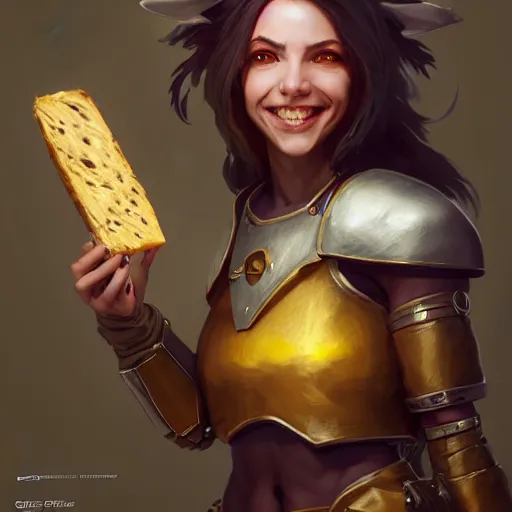 Image similar to a female rat girl with seductive smile, wears a chees armor, by greg rutkowski, design for magic the gathering, highly detailed, octane render, 4 k