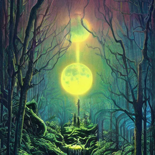 Image similar to moonlight forest in the silver serenade connects to the laced transmission symphony of the celestial psylocibin by ron walotsky and paul lehr