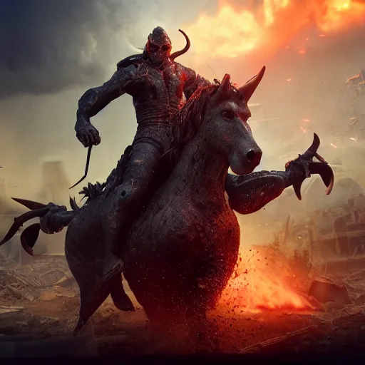 Image similar to the devil riding a mutant horse, riding through fire and mud in an apocalyptic destroyed city, trending artstation, octane render, cinematic lightning, 8k, simulacra