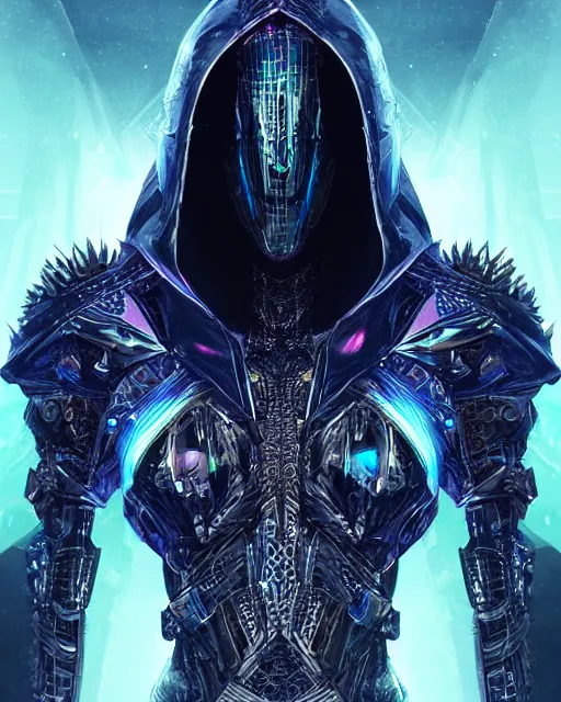 Prompt: the omnipotent assassin, vivid award winning digital artwork, intricate black sharp hooded semi - cybernetic athletic armor, beautiful iridescent colors, technology cloak, long spikes, glowing face, detailed realistic, specular colors, ornate colored gems and crystals, cyborg character art by wlop, greg rutkowski and artgerm