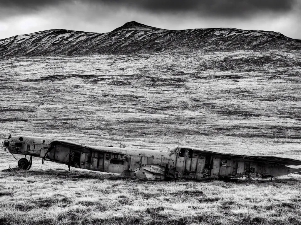 Image similar to a wide angle HDR photograph of an abandoned aeroplane in a field in Iceland, snowy mountain backdrop with moody clouds, shot from low angle