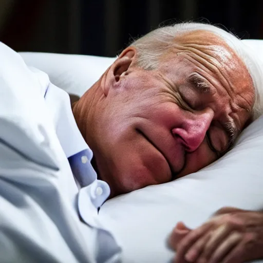 Prompt: a close up of Joe Biden sleeping in a bed in a court room