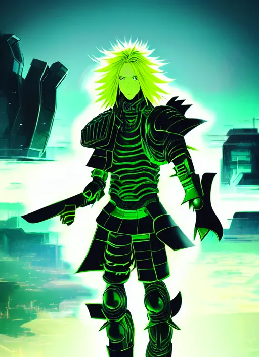 Image similar to a striking cinematic full body manga portrait of a male warrior with long blonde hair and blue eyes wearing evil green spiked cyberpunk armour and standing in the desolate burning ruins of a futuristic city by hirohiko araki and beeple, fine details, digital art, character concept art, volumetric lighting, cinematic light, photorealistic