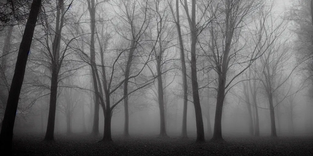 Prompt: dark creepy trees arching grayscale fog